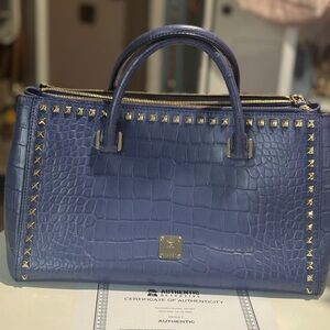 MCM Blue and Gold Satchel with Textured Leather and Gold Hardware studded